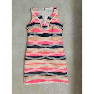 Trina Turk Dress Womens 4 Pink Black Orange Cotton Blend Back Zip Fringe Lined